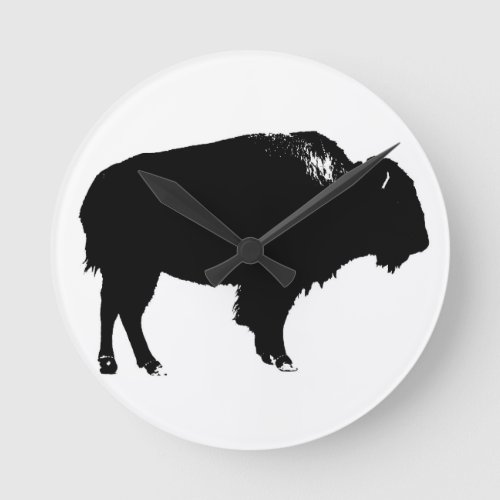 Black  White Bison Buffalo Silhouette Pop Art Round Clock