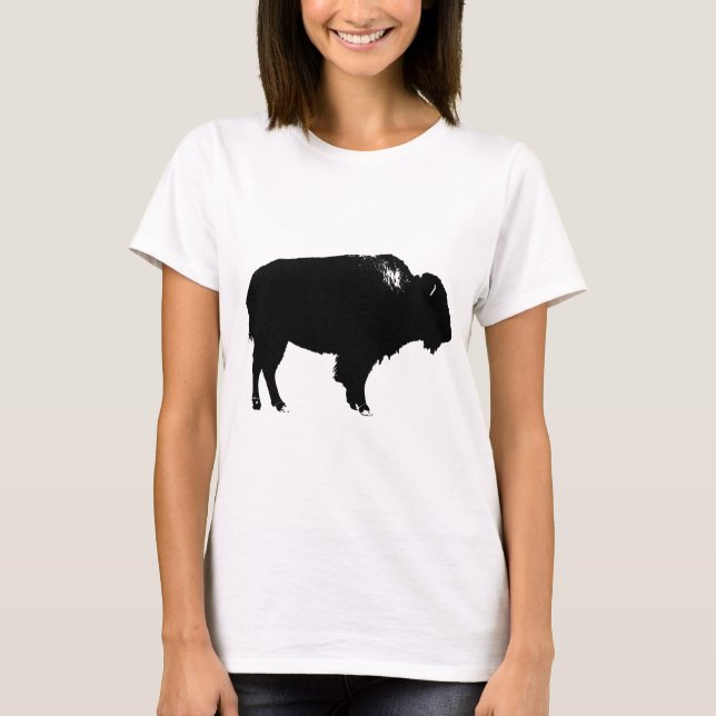 Black & White Bison Buffalo Silhouette Pop Art T-Shirt (Front)