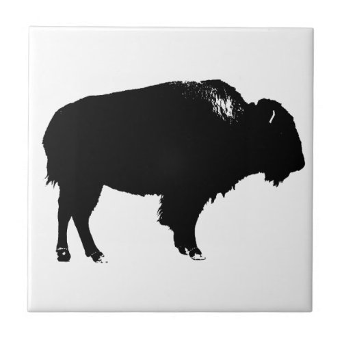 Black  White Bison Buffalo Silhouette Pop Art Tile