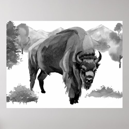 Black White Bison Buffalo Woodland Art Poster