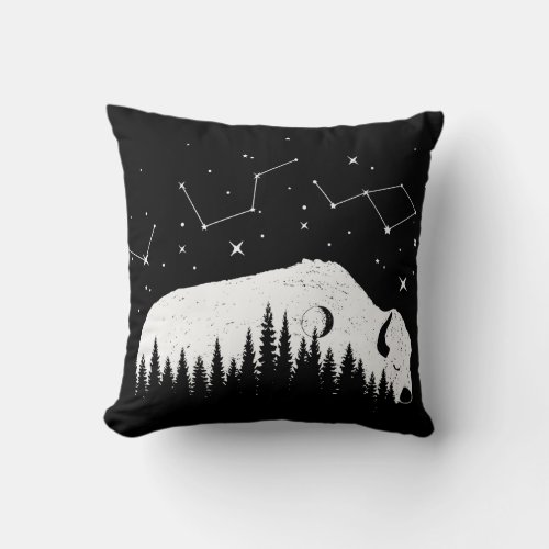 Black White Bison Stars Galaxy Traveler Trip Moon Throw Pillow