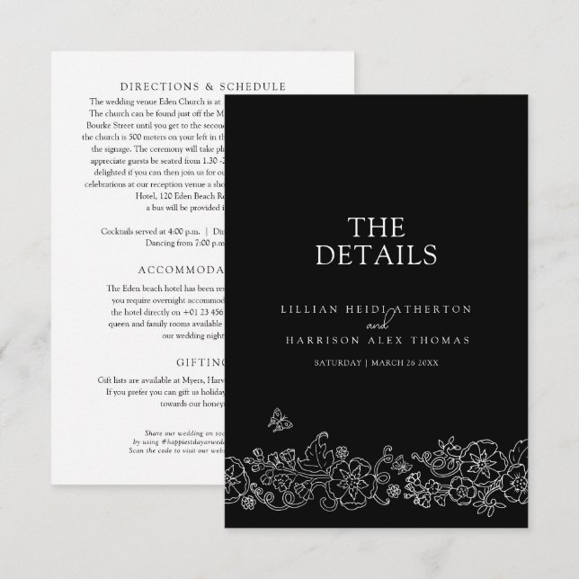 Black white blossom butterflies wedding details QR Enclosure Card (Front/Back)