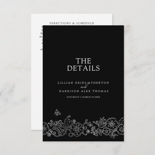 Black white blossom butterflies wedding details QR Enclosure Card