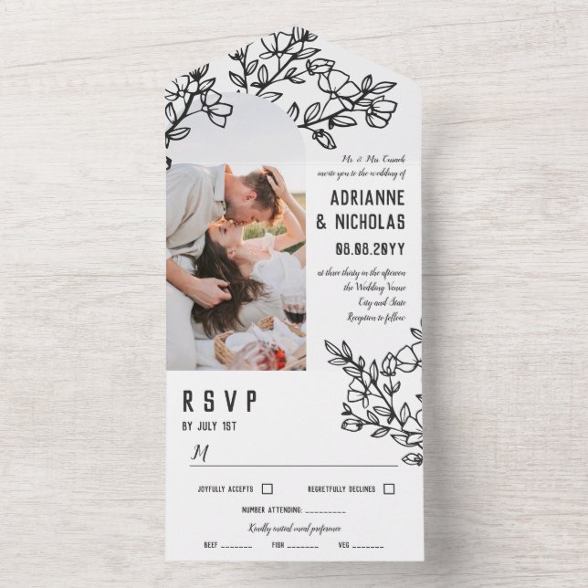 Black White Blossoming Branches Photo Wedding All In One Invitation (Inside)