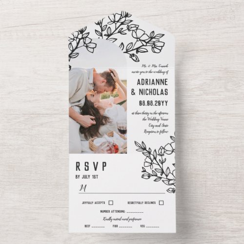 Black White Blossoming Branches Photo Wedding All In One Invitation