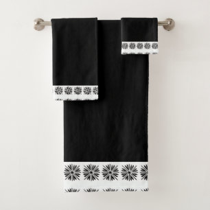 Black White Blossoms Trim Bath Towel Set