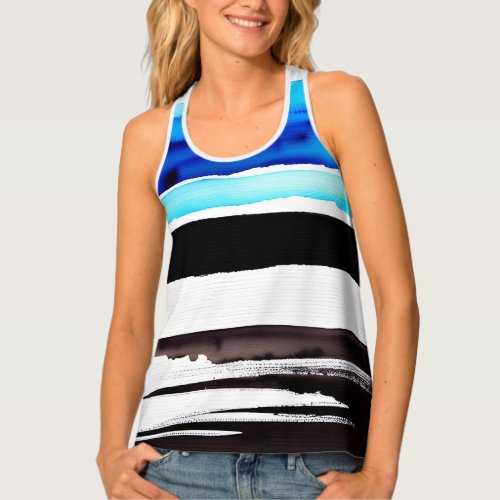 Black White Blue Abstract Stripes Tank Top