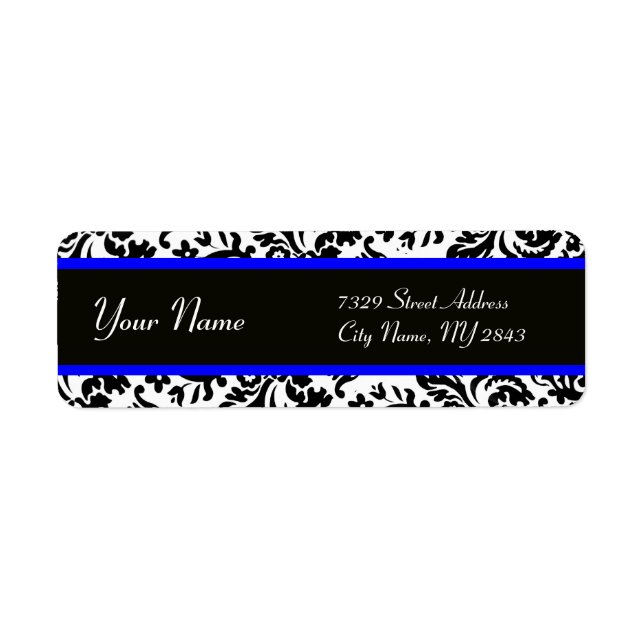 BLACK WHITE BLUE  ART NOUVEAU DAMASK LABEL (Front)