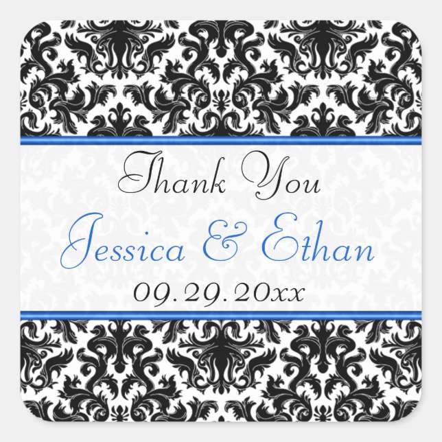 Black White Blue Damask 1.5" Wedding Favor Sticker (Front)