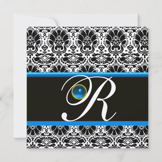 BLACK WHITE BLUE DAMASK MONOGRAM Sapphire Gold Invitation (Front)