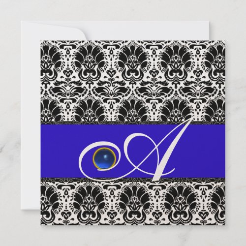 BLACK WHITE BLUE DAMASK MONOGRAM Sapphire Gold Invitation