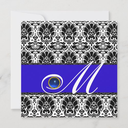 BLACK WHITE BLUE DAMASK MONOGRAM Sapphire Invitation