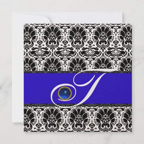 BLACK WHITE BLUE DAMASK MONOGRAM Sapphire Metallic Invitation