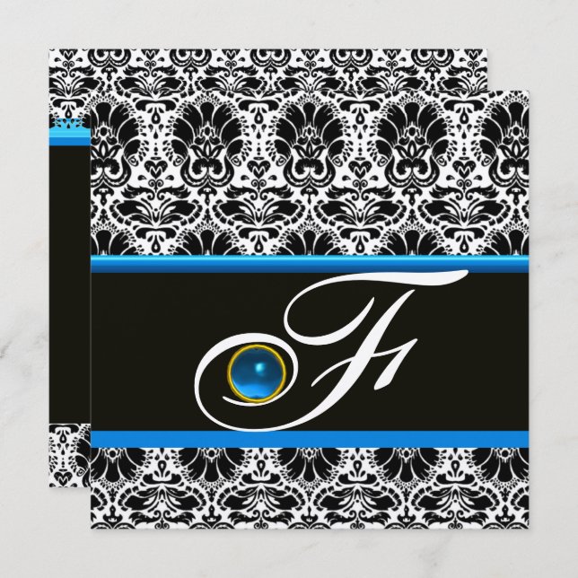BLACK WHITE BLUE DAMASK MONOGRAM Sapphire Silver Invitation (Front/Back)