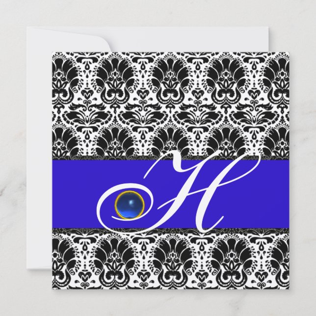BLACK WHITE BLUE DAMASK MONOGRAM Sapphire Silver Invitation (Front)