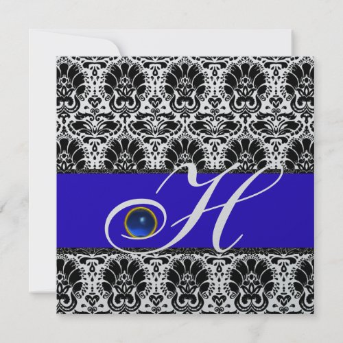 BLACK WHITE BLUE DAMASK MONOGRAM Sapphire Silver Invitation