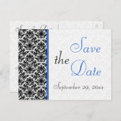 Black, White, Blue Damask Save the Date Postcard (Front/Back)