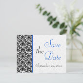 Black, White, Blue Damask Save the Date Postcard (Standing Front)