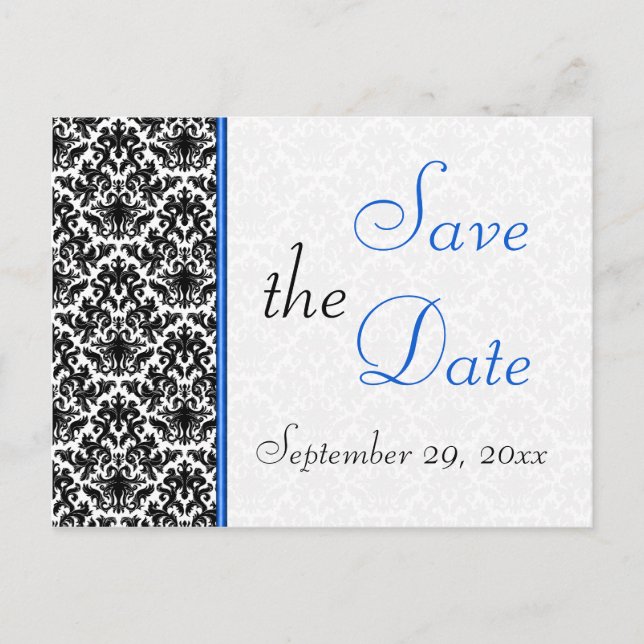 Black, White, Blue Damask Save the Date Postcard (Front)