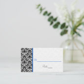 Black, White, Blue Damask Wedding Place Card (Standing Front)