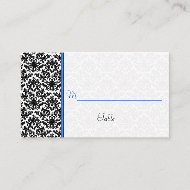 Black, White, Blue Damask Wedding Place Card (Front)