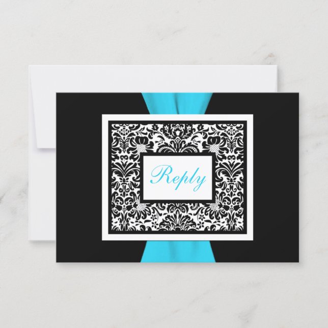 Black, White, Blue Damask with FAUX Ribbon RSVP (Front)