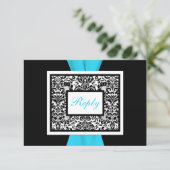 Black, White, Blue Damask with FAUX Ribbon RSVP (Standing Front)