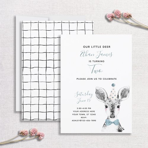 Black  White Blue Deer Boy 2nd Birthday Invitation