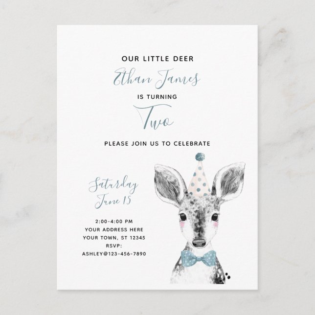 Black & White Blue Deer Boy 2nd Birthday Invitation Postcard (Front)