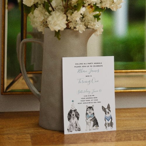 Black White Blue Dog Boys 1st Birthday Party Invitation