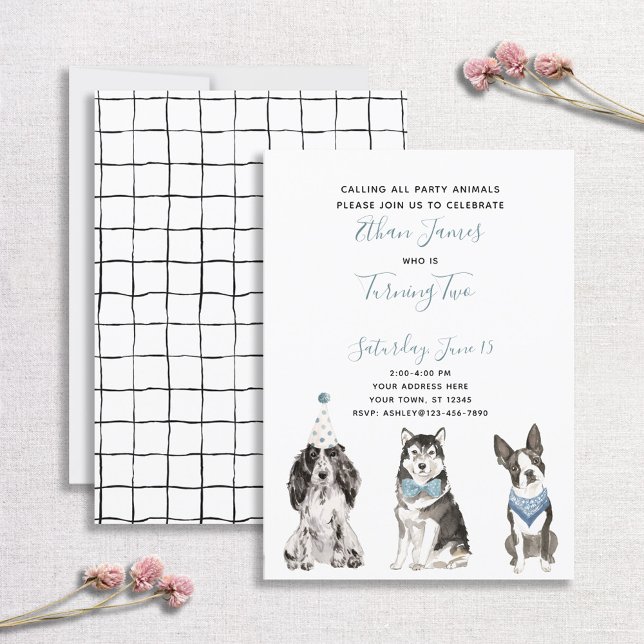 Black White Blue Dog Boy's 2nd Birthday Party Invitation (Creator Uploaded)