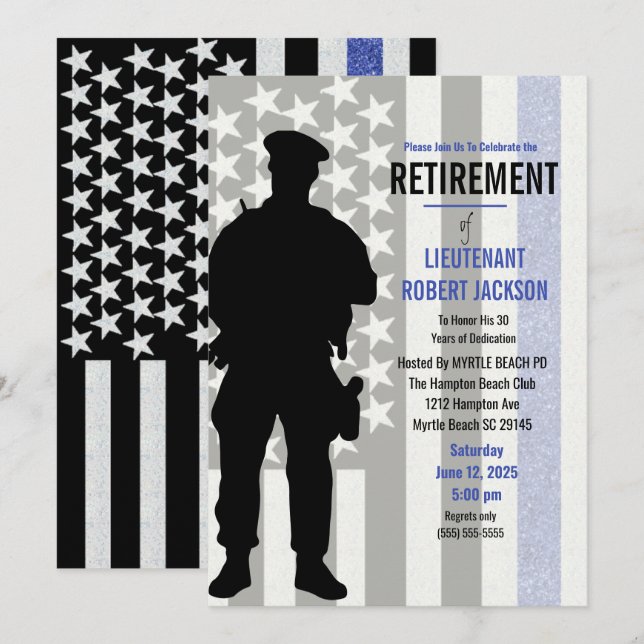 Black White Blue Flag Police Retirement Invitation (Front/Back)