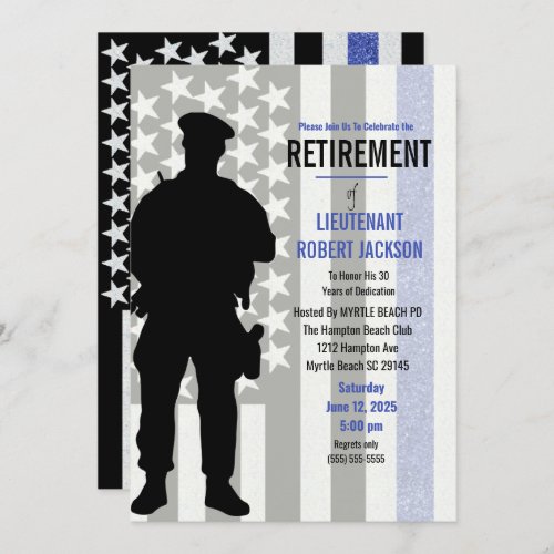 Black White Blue Flag Police Retirement Invitation