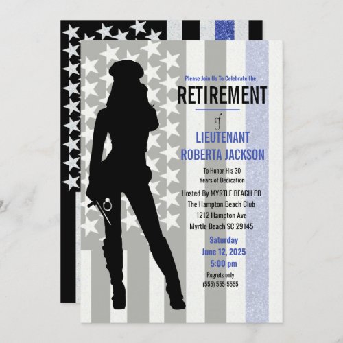 Black White Blue Flag Police Woman Retirement   Invitation