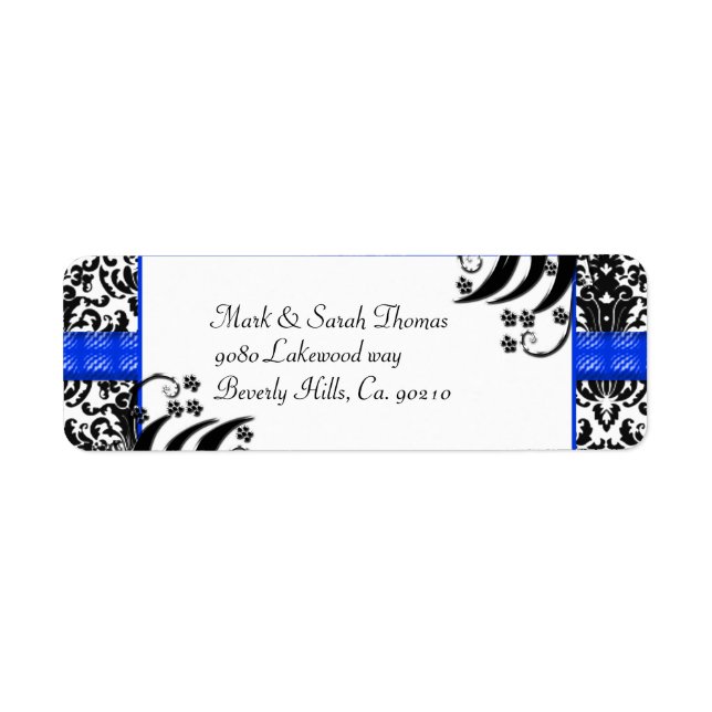 Black, White, & Blue Floral Damask Label (Front)