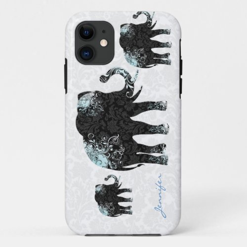 Black White  Blue Floral Elephants  Damasks iPhone 11 Case