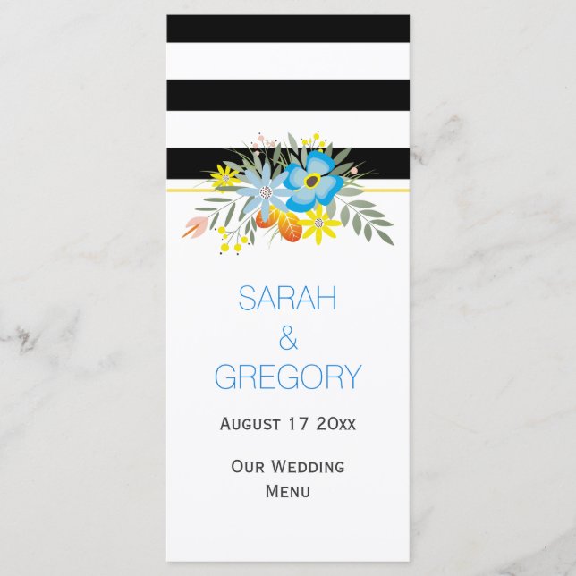Black white blue flowers modern wedding menu card (Front)