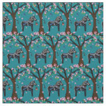 Black/white/blue Folk Dala horse/birds/flowers Fabric