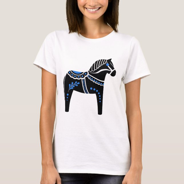Black/white/blue Folk Dala horse/Folk Friesian T-Shirt (Front)