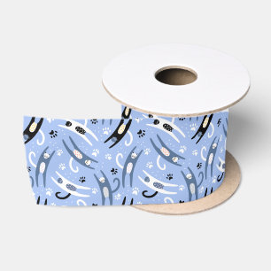 Black White Blue Fun Cartoon Cat Pattern Satin Ribbon