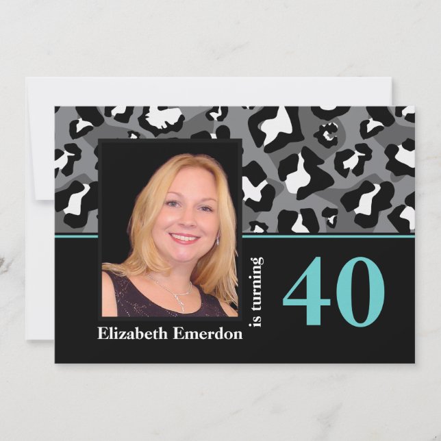 Black white blue leopard print 40th birthday photo invitation (Front)