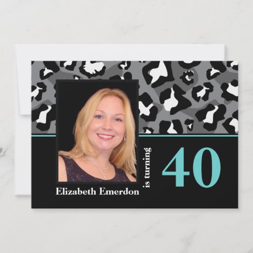 Black white blue leopard print 40th birthday photo invitation