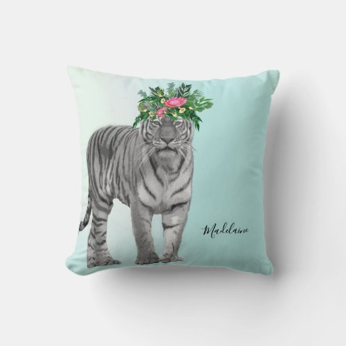 Black White Blue Modern Tiger Pattern Floral Throw Pillow