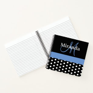 Black White Blue Monogram Polka Dots Notebook