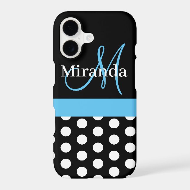 Black White Blue Monogram Script Polka Dots Iphone Case (Back)