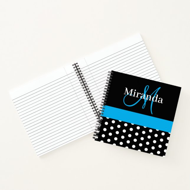 Black White Blue Monogram Script Polka Dots Notebook (Inside)
