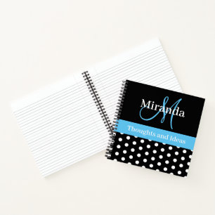 Black White Blue Monogram Script Polka Dots Notebook