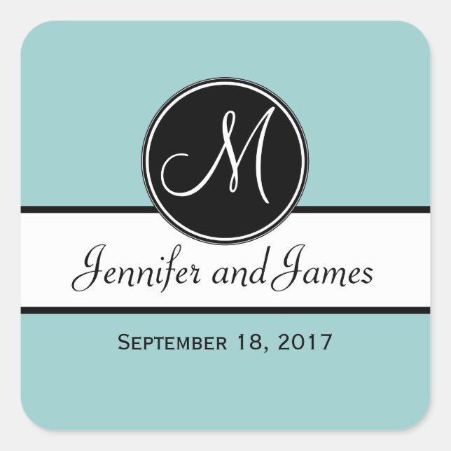 Black White Blue Monogram Wedding Favor Sticker (Front)