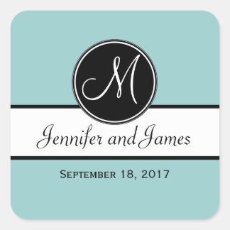 Black White Blue Monogram Wedding Favor Sticker