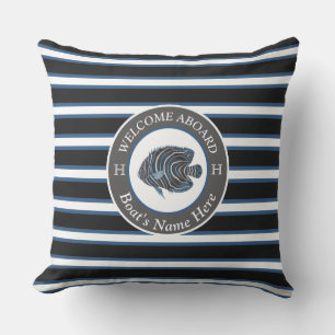 Black White Blue Nautical Boat Name Fish Welcome Outdoor Pillow